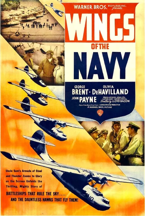 Framed Print : WINGS OF THE NAVY, US poster, top from left: John Payne, George Brent, Olivia DeHavilland, 1939