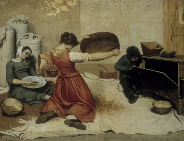 Framed Print : Winnowing Wheat (Les Cribleuses de bl), by Gustave Courbet, 1854, 19th Century, oil on canvas, 131 x 167 cm - France, Nantes, Museum of Fine Arts. Whole artwork view