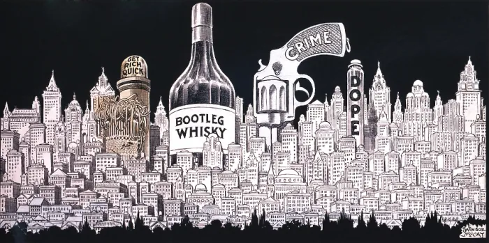 Framed Print : Winsor MaCay 1920's cartoon depicts a cityscape of Bootleg Whisky Crime Dope and Get Rich Quick money lust