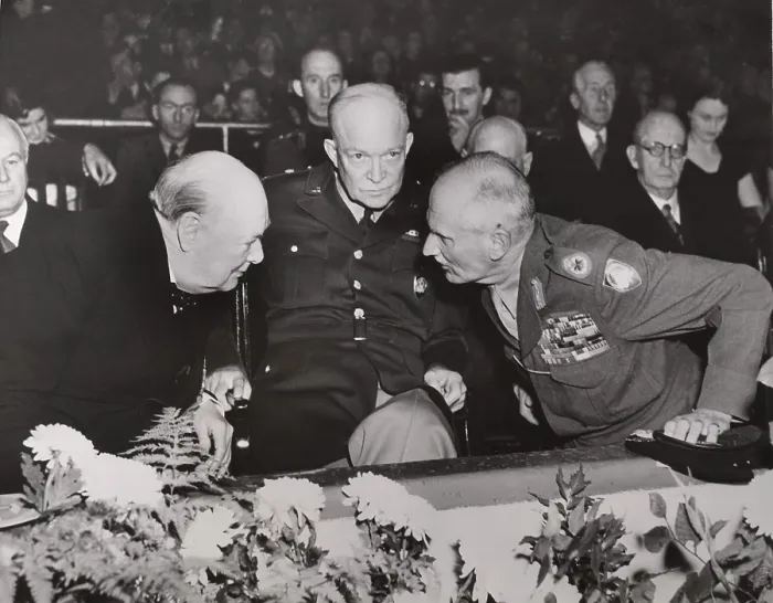 Framed Print : Winston Churchill, General Dwight D. Eisenhower, Field Marshall Viscount Montgomery (right) at the annual reunion of the British 8th Army Desert Rats, Empress Hall, London Framed Print : Winston Churchill, General Dwight D. Eisenhower, Field Marshall Viscount Montgomery (right) at the annual reunion of the British 8th Army Desert Rats, Empress Hall, London