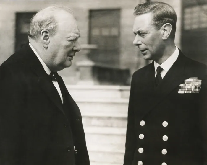 Framed Print : Winston Churchill with King George VI, May 8, 1948. They are in the garden of Buckingham Palace during the celebration of Victory in Europe. - (BSLOC_2014_17_43) Framed Print : Winston Churchill with King George VI, May 8, 1948. They are in the garden of Buckingham Palace during the celebration of Victory in Europe. - (BSLOC_2014_17_43)
