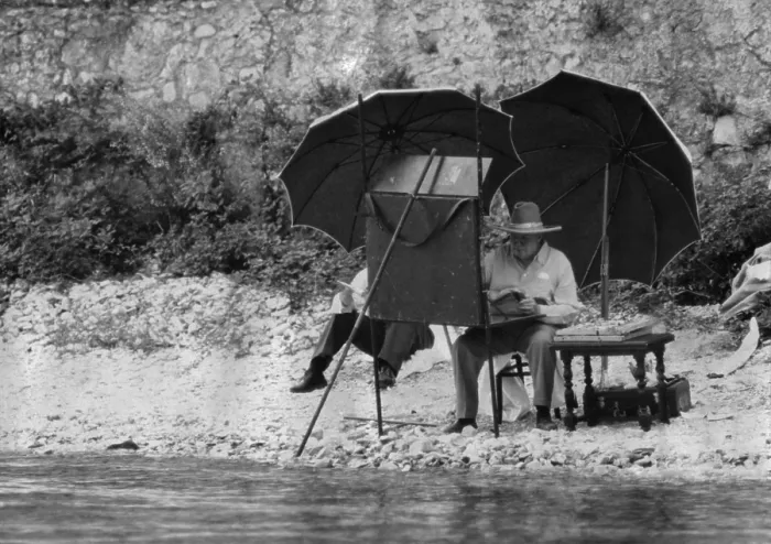 Framed Print : Winston Churchill painting on the Italian Riviera, ca. 1948-49. - (BSLOC_2014_17_54) Framed Print : Winston Churchill painting on the Italian Riviera, ca. 1948-49. - (BSLOC_2014_17_54)
