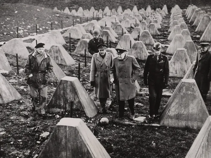 Framed Print : Winston Churchill walks among the dragons teeth (tank traps) of the fallen Siegfried Line
