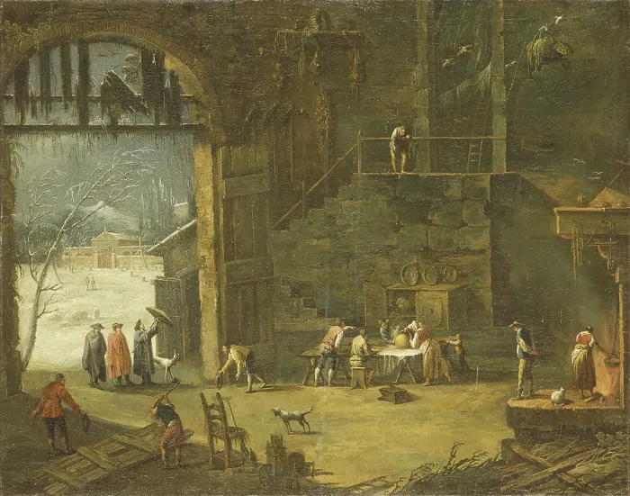 Framed Print : Winter, by Antonio Diziani, 1750 - 1797 ca, 18th century, oil on canvas. - Italy, Veneto, Padua, Civic Museums. Whole artwork view. Craftsmen at work in a shop Framed Print : Winter, by Antonio Diziani, 1750 - 1797 ca, 18th century, oil on canvas. - Italy, Veneto, Padua, Civic Museums. Whole artwork view. Craftsmen at work in a shop