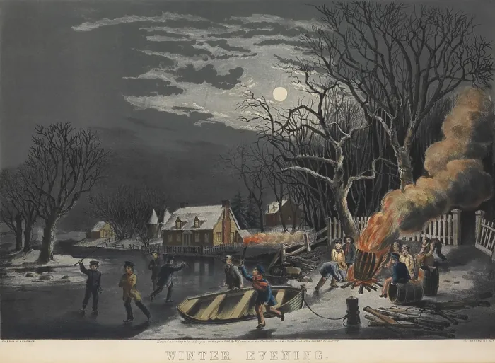 Framed Print : Winter Evening, 1854, by Nathaniel Currier. 13 boys enjoy free time on a winter evening, near neat homes on a frozen creek Framed Print : Winter Evening, 1854, by Nathaniel Currier. 13 boys enjoy free time on a winter evening, near neat homes on a frozen creek