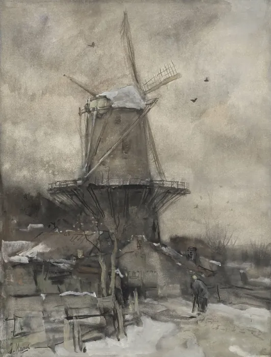 Framed Print : A Mill in the Winter, by Jacob Maris, c. 1880-86, Dutch watercolor painting. A bent figure of an old women walks toward the windmill (BSLOC_2016_2_31) Framed Print : A Mill in the Winter, by Jacob Maris, c. 1880-86, Dutch watercolor painting. A bent figure of an old women walks toward the windmill (BSLOC_2016_2_31)