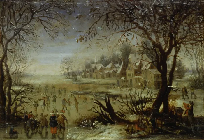 Framed Print : Winter Landscape with Forzen River by a Village, after Josse de Momper the Younger, first decades of the 17th Century, oil on copper, 29, 5 x 20, 5 cm - Italy, Lombardy, Milan