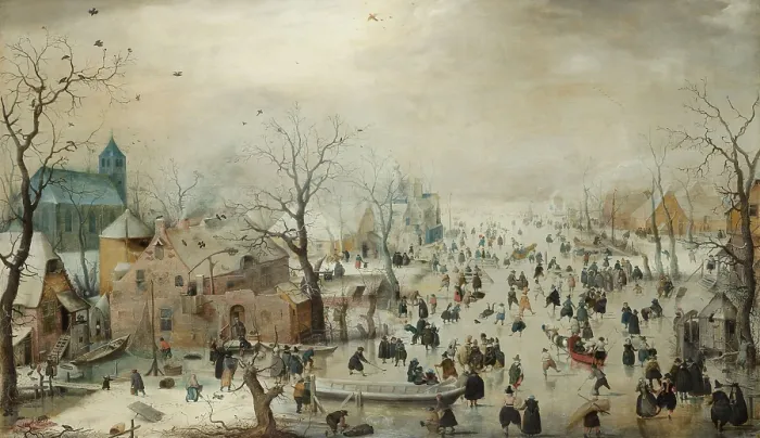 Framed Print : Winter Landscape with Ice Skaters, by Hendrick Avercamp, 1608, Dutch painting, oil on panel. Hundreds of people are out on the ice, for both pleasure and necessity
