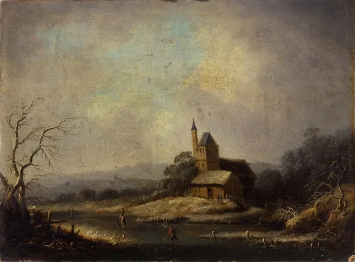 Framed Print : Winter Landscape, after Orazio Grevenbroek, 18th Century, oil on board, 31, 5 x 23, 5 cm - Italy, Lombardy, Milan, Castello Sforzesco, Civic Collections of Ancient Art