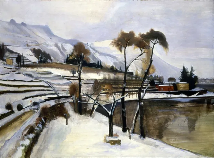 Framed Print : Winter Landscape, by Penagini Siro, 1934, 20th Century, oil on canvas - Private collection. Whole artwork view. White landscape with snow