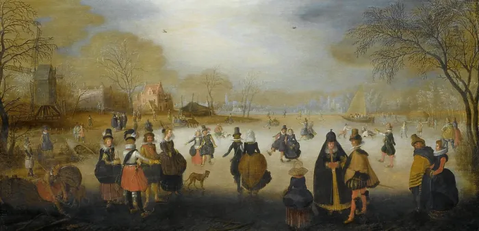 Framed Print : Winter Landscape with Skaters, by Hendrick Avercamp, 1615-20, Dutch painting, oil on panel. In the foreground are men and women in luxurious clothing and jewelry