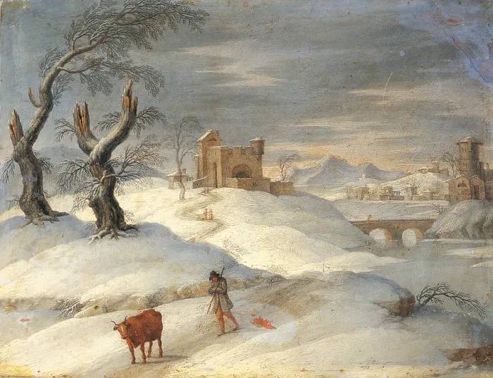 Framed Print : Winter Landscape, by Unknown Italian artist, 18th Century, oil on copper, 18.5 x 22.5 cm - Italy, Lombardy, Milan, Castello Sforzesco, Civic Collections of Ancient Art