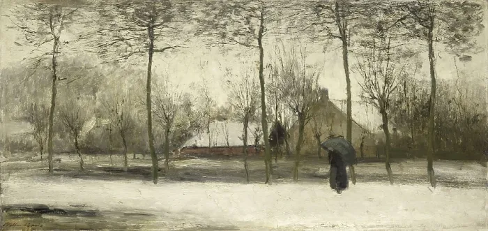Framed Print : Winter landscape, by Willem Maris, c. 1875, Dutch painting, oil on canvas. Impressionistic landscape with woman walking under an umbrella (BSLOC_2016_2_21)