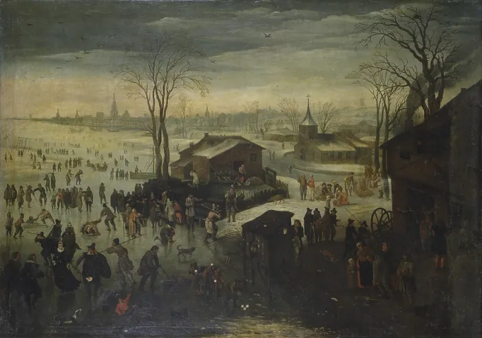 Framed Print : Winter Pastimes - Landscape under the Snow, by unknown artist, 17th Century, oil on canvas - Italy, Lombardy, Milan, Brera Art Gallery. Whole artwork view