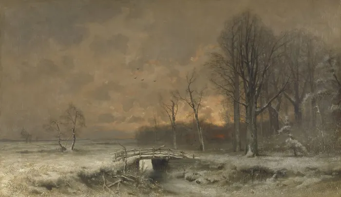 Framed Print : Winter Scene with the Sun Setting Behind Trees, Louis Apol, c. 1890-20. Wooden bridge near a meadow bordered by woods (BSLOC_2016_2_16) Framed Print : Winter Scene with the Sun Setting Behind Trees, Louis Apol, c. 1890-20. Wooden bridge near a meadow bordered by woods (BSLOC_2016_2_16)