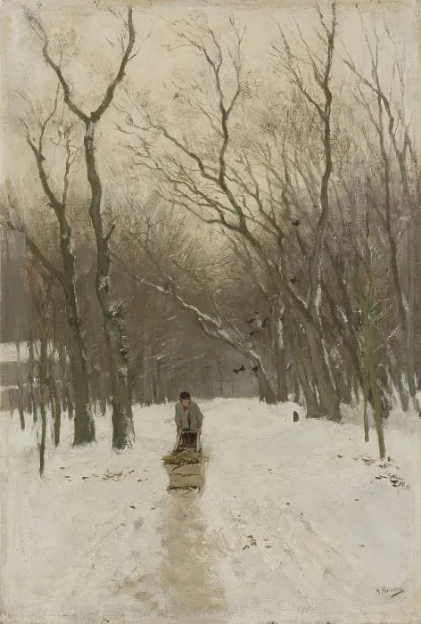 Framed Print : Winter in the Scheveningse Bushes, Anton Mauve, 1870-88. Dutch painting, oil on canvas. Man pushes a sled loaded with firewood on a snowy forest trail (BSLOC_2016_2_11)