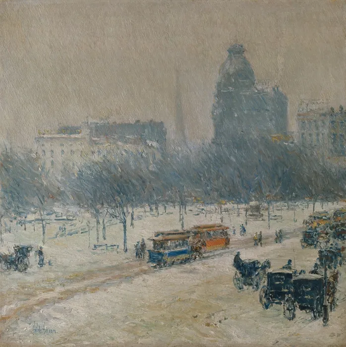 Framed Print : WINTER IN UNION SQUARE, by Childe Hassam, 1889-90, American painting, oil on canvas. The Cityscape is obscured by falling snow from the artists 17th street studio