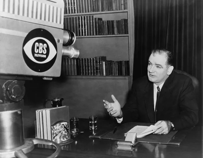 Framed Print : Wisconsin Senator Joseph McCarthy (1908-1957), speaking in front of a CBS camera in New York at the height of his fame and influence. 1953
