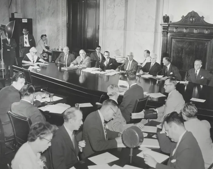 Framed Print : Wisconsin Senator Joseph McCarthy, (left, back to camera), facing the Watkins Committee. McCarthy would attack Watkins, and was expelled from the room Framed Print : Wisconsin Senator Joseph McCarthy, (left, back to camera), facing the Watkins Committee. McCarthy would attack Watkins, and was expelled from the room