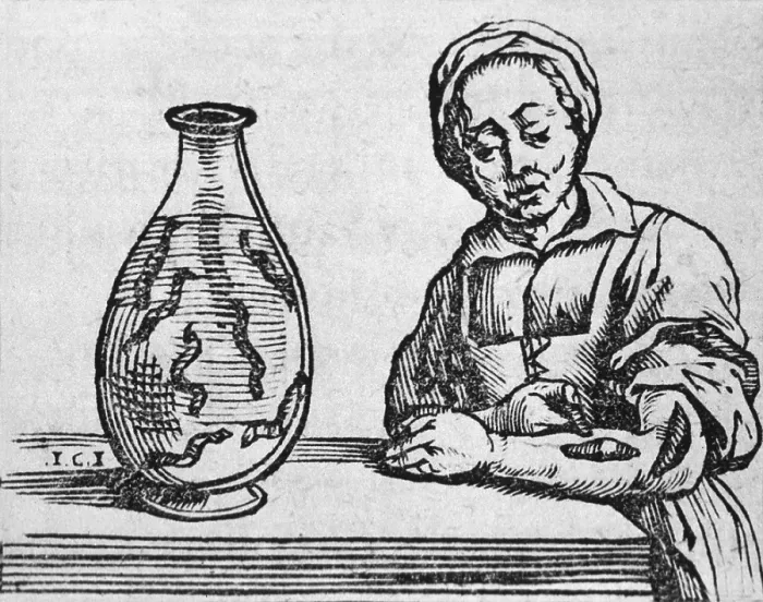 Framed Print : Woman applying a medicinal leech to her forearm, woodcut from a 1639 treatise by Belgian, Joannis Mommarti