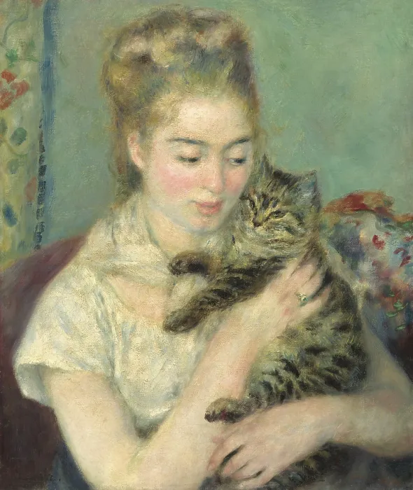 Framed Print : Woman with a Cat, by Auguste Renoir, 1875, French painting, oil on canvas. This is a classic Renoir portrait from his pure impressionist period in the 1870s (BSLOC_2016_5_138)
