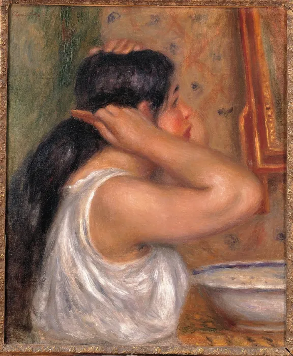 Framed Print : Woman Combing Her Hair, by Pierre-Auguste Renoir, 1907 - 1908 about, 20th Century, oil on canvas, cm 55 x 46, 5 - France, Ile de France, Paris, Muse dOrsay, RF2016. All