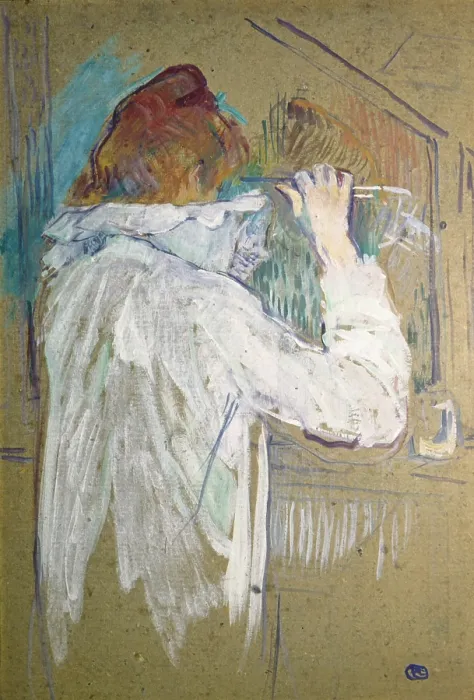 Framed Print : Woman curling her hair (Femme se frisant), by Henri de Toulouse-Lautrec, 1891, 19th Century, oil on cardboard, 54 x 36 cm - France, Toulouse, Fine Art Museum, Muse des Augustins