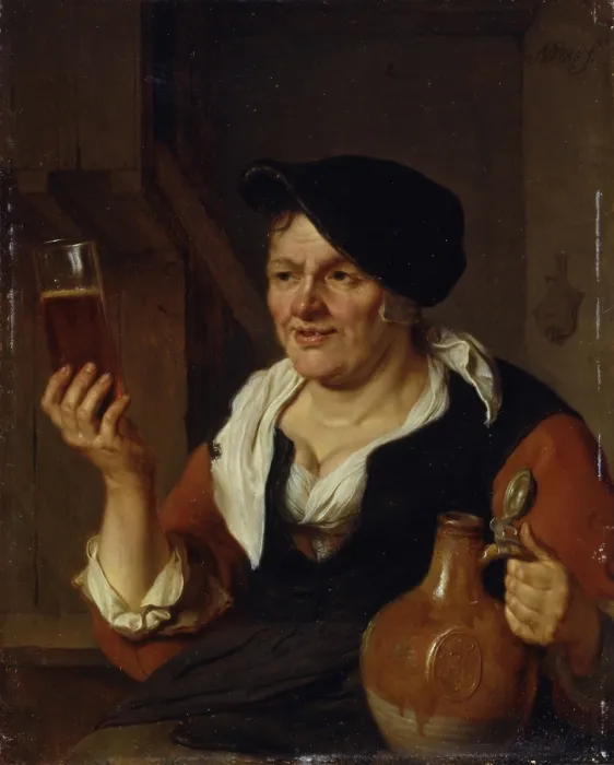 Framed Print : Woman Drinking some Beer, by Ary de Vois, 1660 - 1680, 17th Century, oil on copper, 24 x 20 cm - Italy, Lombardy, Milan, Castello Sforzesco, Civic Collections of Ancient Art