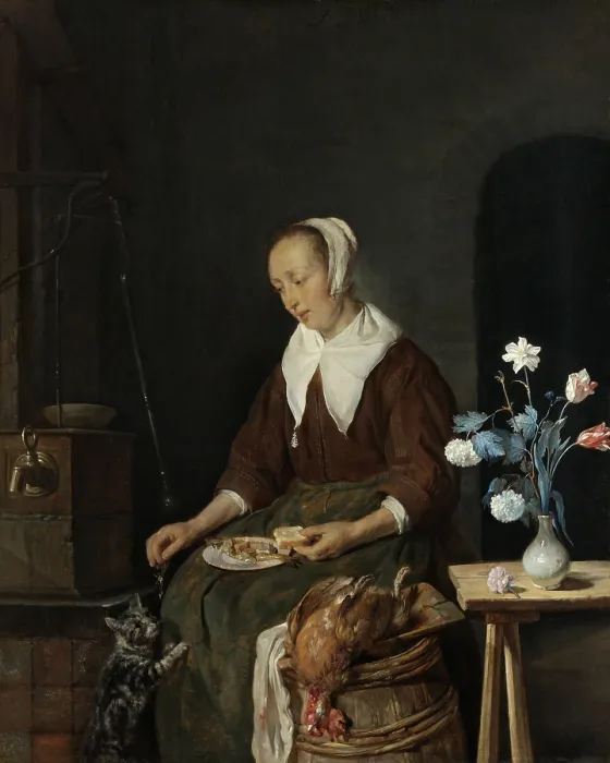 Framed Print : Woman Eating, by Gabriel Metsu, 1661-64, Dutch painting, oil on panel. Also known as The Cat's Breakfast Framed Print : Woman Eating, by Gabriel Metsu, 1661-64, Dutch painting, oil on panel. Also known as The Cat's Breakfast
