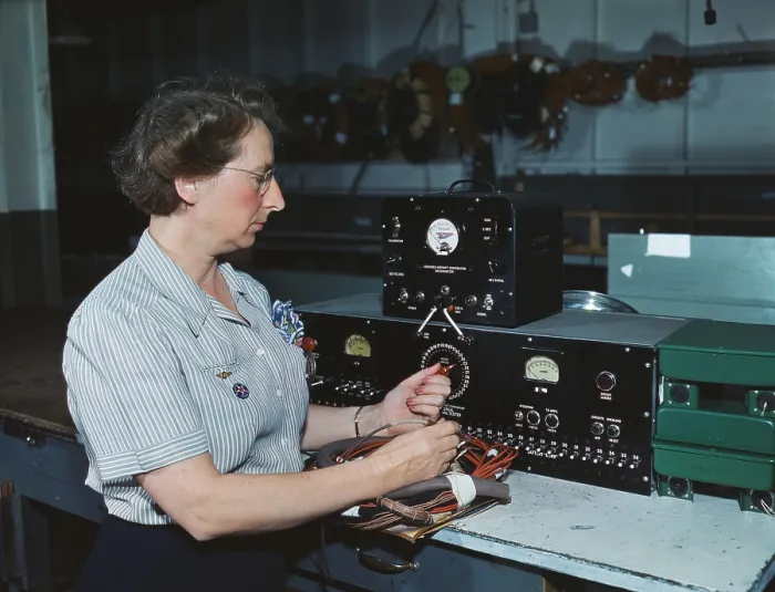 Framed Print : Woman electric wiring technician at Douglas Aircraft Company, Long Beach, California. During World War 2, Oct. 1942. (BSLOC_2013_14_145)
