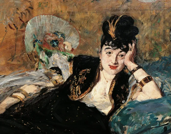Framed Print : Woman with Fans (Nina de Callias), by Edouard Manet, 1873 - 1874 about, 19th Century, oil on canvas, cm 113, 5 x 166, 5 - France, Ile de France, Paris, Muse dOrsay, RF2850. Detail