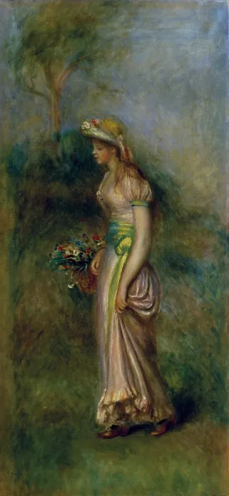 Framed Print : Woman with Flower Basket, by Pierre Auguste Renoir, 19th Century, oil on canvas - Whole artwork view. Full lenght portrait of a young lady carrying a basket full of flowers