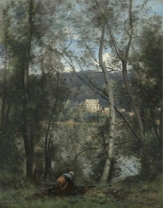 Framed Print : A WOMAN GATHERING FAGGOTS AT VILLE-DAVRAY, by Camille Corot, 1871-74, French oil painting Framed Print : A WOMAN GATHERING FAGGOTS AT VILLE-DAVRAY, by Camille Corot, 1871-74, French oil painting