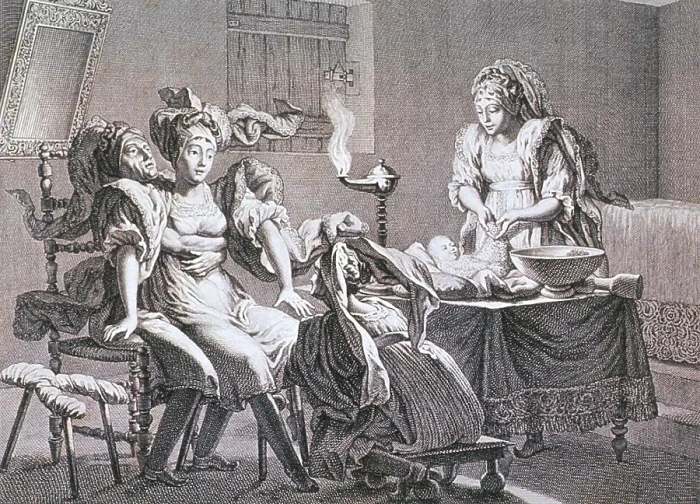 Framed Print : A woman has given birth with the aid of three midwives