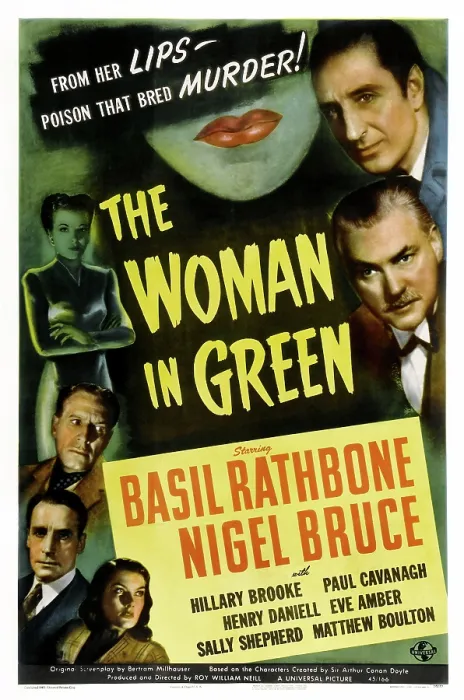 Framed Print : THE WOMAN IN GREEN, US poster art, left: Hillary Brooke, Paul Cavanagh, Henry Daniell, right: Basil Rathbone, Nigel Bruce, 1945 Framed Print : THE WOMAN IN GREEN, US poster art, left: Hillary Brooke, Paul Cavanagh, Henry Daniell, right: Basil Rathbone, Nigel Bruce, 1945