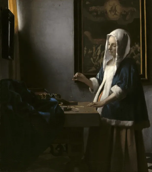Framed Print : Woman Holding a Balance, by Johannes Vermeer, c. 1664, Dutch painting, oil on canvas