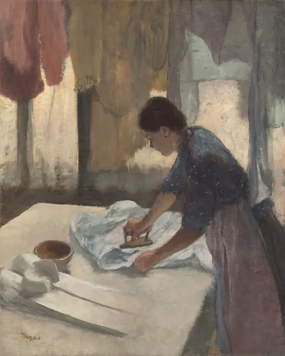Framed Print : Woman Ironing, by Edgar Degas, 1878-87, French impressionist painting, oil on canvas. Degas was interested in laundresses movements, postures, and the rhythms of their work