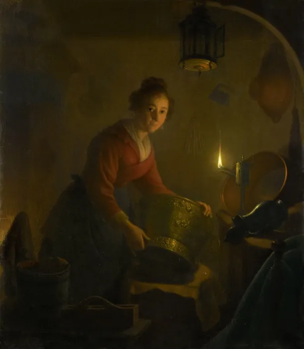 Framed Print : A Woman in a Kitchen by Candlelight, by Michiel Versteegh, c. 1830, Dutch painting, oil on panel. She is handling large metal pots by the light of an oil lamp (BSLOC_2016_2_171)