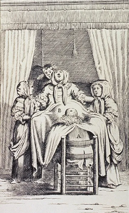 Framed Print : Woman in Labor. 1707 Dutch print of a woman assisted in childbirth by a male midwife, two young women, and another person, possibly her husband
