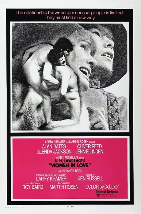 Framed Print : WOMAN IN LOVE, US poster, from left: Alan Bates, Oliver Reed, Jennie Linden, Glenda Jackson, 1969