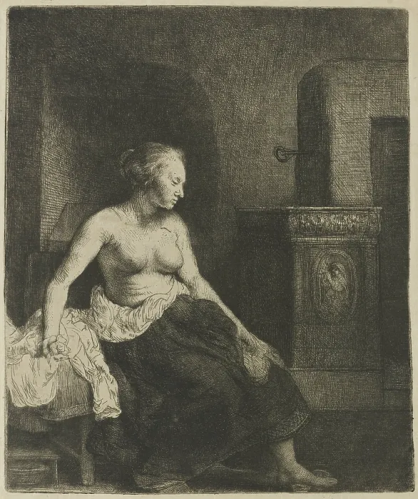 Framed Print : Woman with Naked Torso Near a Stove, by Rembrandt van Rijn, 1658, Dutch print, etching and drypoint on paper (BSLOC_2016_3_41)