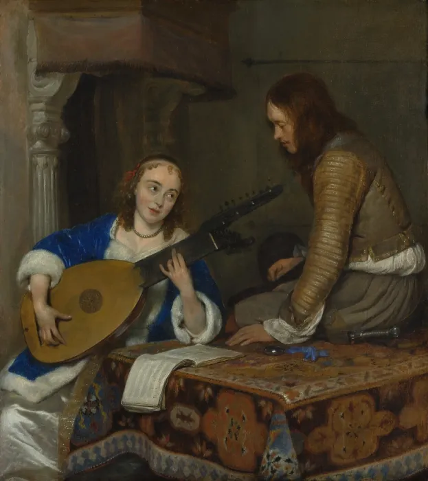 Framed Print : WOMAN PLAYING THEORBO LUTE AND A CAVALIER, by Gerard ter Borch the Younger, 1658, Dutch painting. Courtship scene with a woman playing a theorbo as the man sings Framed Print : WOMAN PLAYING THEORBO LUTE AND A CAVALIER, by Gerard ter Borch the Younger, 1658, Dutch painting. Courtship scene with a woman playing a theorbo as the man sings