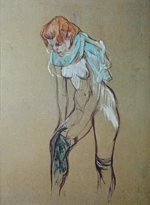 Framed Print : Woman putting a stocking on (Femme qui tire son bas), by Henri de Toulouse-Lautrec, 1894, 19th Century, oil on cardboard, 61, 5 x 44, 5 cm - France, Albi, Toulouse-Lautrec Museum