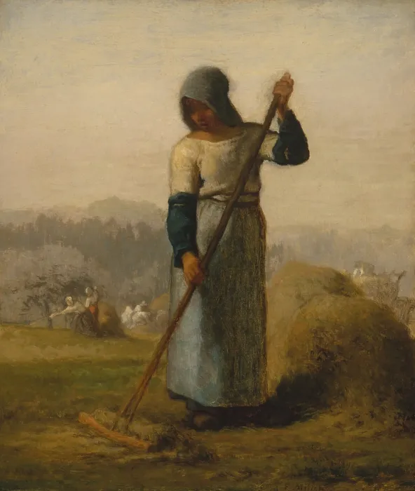 Framed Print : WOMAN WITH A RAKE, by Jean-Francois Millet, 1856-57, French painting, oil on canvas. After 20 years as portrait painter, Millet emerged as a pioneering realist in the later 1840s Framed Print : WOMAN WITH A RAKE, by Jean-Francois Millet, 1856-57, French painting, oil on canvas. After 20 years as portrait painter, Millet emerged as a pioneering realist in the later 1840s
