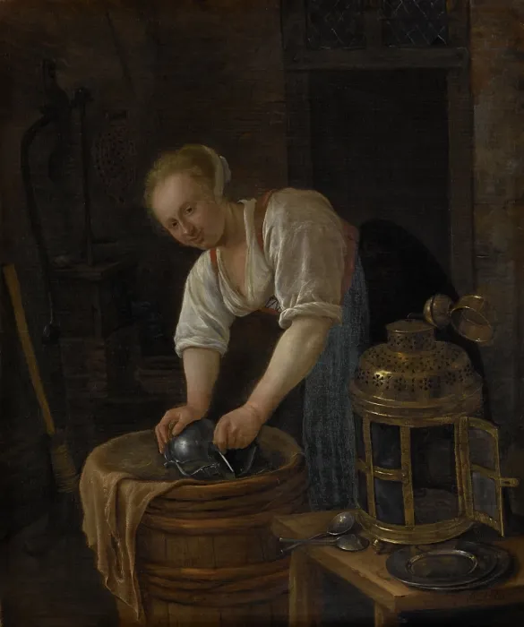 Framed Print : Woman Scouring Metalware, by Jan Steen, 1650-60, Dutch painting, oil on panel. Smiling young woman polishing a metal vessel with dried grass on a barrel Framed Print : Woman Scouring Metalware, by Jan Steen, 1650-60, Dutch painting, oil on panel. Smiling young woman polishing a metal vessel with dried grass on a barrel
