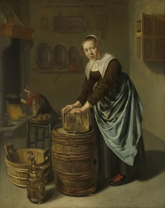 Framed Print : Woman Scouring a Vessel, by Willem van Odekercken, 1631-77, Dutch painting, oil on panel. A kitchen maid scours a copper kettle with a clump of dried grass Framed Print : Woman Scouring a Vessel, by Willem van Odekercken, 1631-77, Dutch painting, oil on panel. A kitchen maid scours a copper kettle with a clump of dried grass