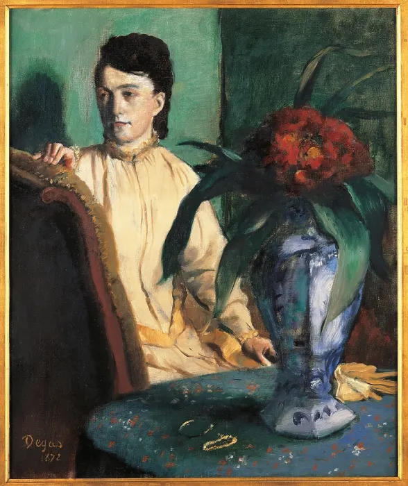 Framed Print : A Woman Seated beside a Vase of Flowers, by Edgar Degas, 1872, 19th Century, oil on canvas, cm 65 x 54 - France, Ile de France, Paris, Muse dOrsay. All