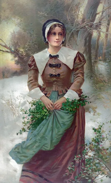 Framed Print : Woman standing in snow, holding holly in her apron, A Fair Puritan, by E. Percy Moran, 1897