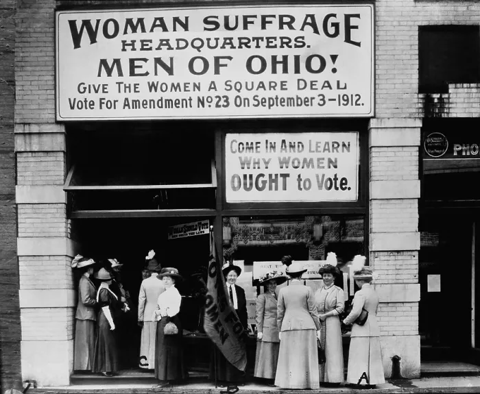 Framed Print : Woman Suffrage Headquarters in Cleveland, Ohio. Miss Belle Sherwin, President, National League of Women Voters is at extreme left (labeled A); Judge Florence E