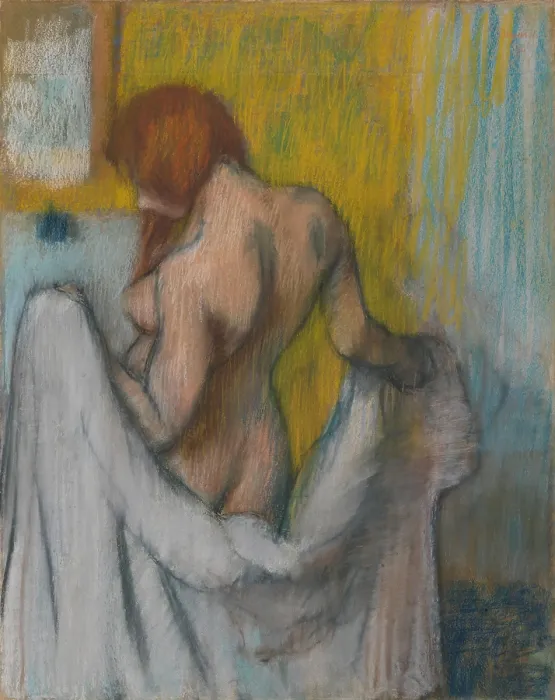 Framed Print : Woman with a Towel, by Edgar Degas, 1894-98, French impressionist drawing, pastel on paper. The strong outlines emphasize the muscularity of the womans action (BSLOC_2017_3_124) Framed Print : Woman with a Towel, by Edgar Degas, 1894-98, French impressionist drawing, pastel on paper. The strong outlines emphasize the muscularity of the womans action (BSLOC_2017_3_124)